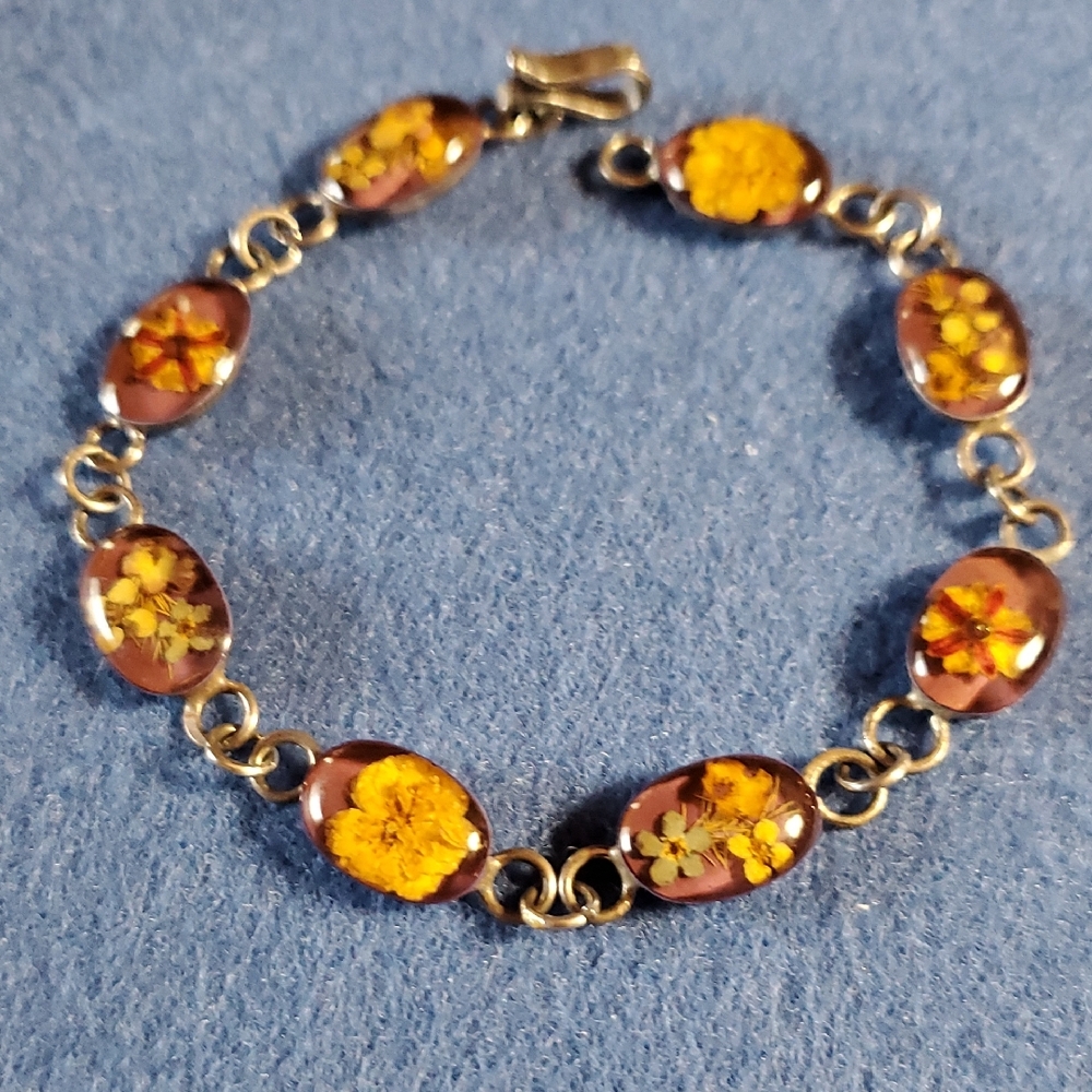 Vintage Pressed Flowers In Resin Or Amber Incased In Sterling Silver From Mexico